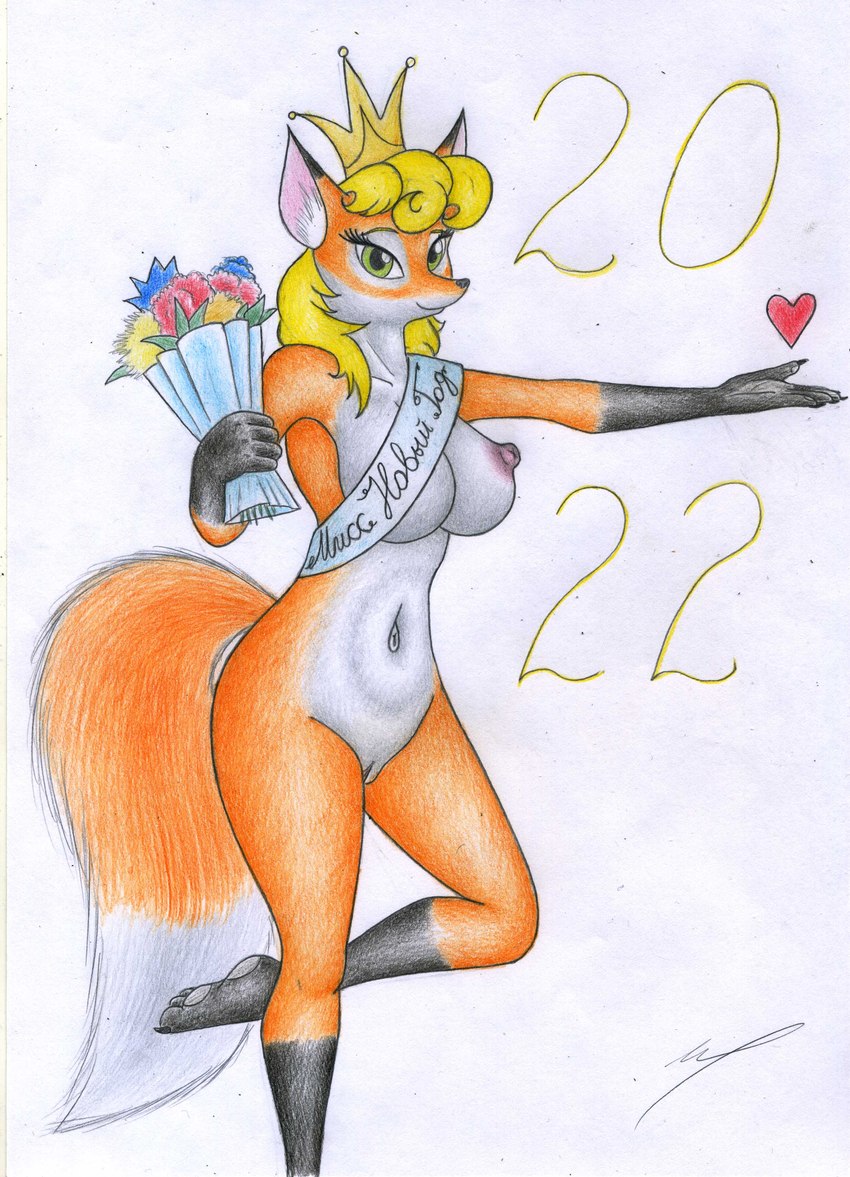 anthro areola blonde_hair bouquet breasts clothing dipstick_ears dipstick_tail ear_markings eyelashes feet female flower fur genitals gloves_(marking) green_eyes hair headgear headwear heart_symbol inner_ear_fluff leg_markings looking_at_viewer markings multicolored_ears navel nipples orange_body orange_fur plant pussy socks_(marking) solo soviet_cartoon tail tail_markings tuft white_body white_fur sinaherib miss_new_year soyuzmultfilm canid canine fox mammal 2021 absurd_res graphite_(artwork) hi_res traditional_media_(artwork)