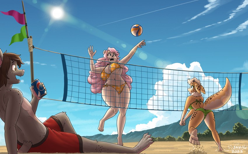 4_toes 5_fingers action_pose angry anthro ball beach beverage big_breasts black_eyebrows black_horn black_nose blue_eyes blue_sky bow_(feature) bow_swimsuit breasts brown_body brown_hair brown_skin claws clothing contrail countershade_face countershade_tail countershade_torso countershading curvy_figure detailed_background ears_down eyebrows eyelashes eyeshadow feet female fingers fist flag fur green_clothing green_eyeshadow green_swimwear grey_body grey_claws grey_fur group hair hands_together holding_beverage holding_object horn knee_tuft leg_tuft lens_flare logo long_hair looking_up low-angle_view makeup male markings mountain navel neck_tuft net on_ground on_one_leg one_eye_obstructed open_mouth pattern_clothing pattern_swimwear pink_hair pink_inner_ear pink_nose pivoted_ears plant plantigrade pose raised_hand red_clothing red_swimming_trunks red_swimwear rodent_tail sand seaside short_horn shoulder_blades sitting sky small_horn sport spots spotted_body spotted_clothing spotted_ears spotted_fur spotted_markings spotted_swimwear spotted_tail standing striped_clothing striped_swimwear stripes sun swimming_trunks swimwear swimwear_only tail tail_markings tail_tuft tan_body tan_skin teeth thick_thighs toes tree trio tuft two-piece_swimsuit volleyball volleyball_(ball) volleyball_net voluptuous white_body white_clouds white_fur white_hair yellow_clothing yellow_eyes yellow_swimwear sammfeatblueheart bear kobold mammal mouse murid murine rodent 2023 artist_logo hi_res shaded signature