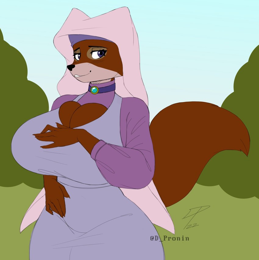 anthro breasts cleavage cleavage_overflow clothed clothing collar dress female hand_on_breast hand_on_hip hand_on_own_breast looking_aside medieval_clothing outside smile solo tight_clothing tight_dress dpronin disney robin_hood_(disney) maid_marian canid canine fox mammal red_fox true_fox digital_media_(artwork) flat_colors hi_res