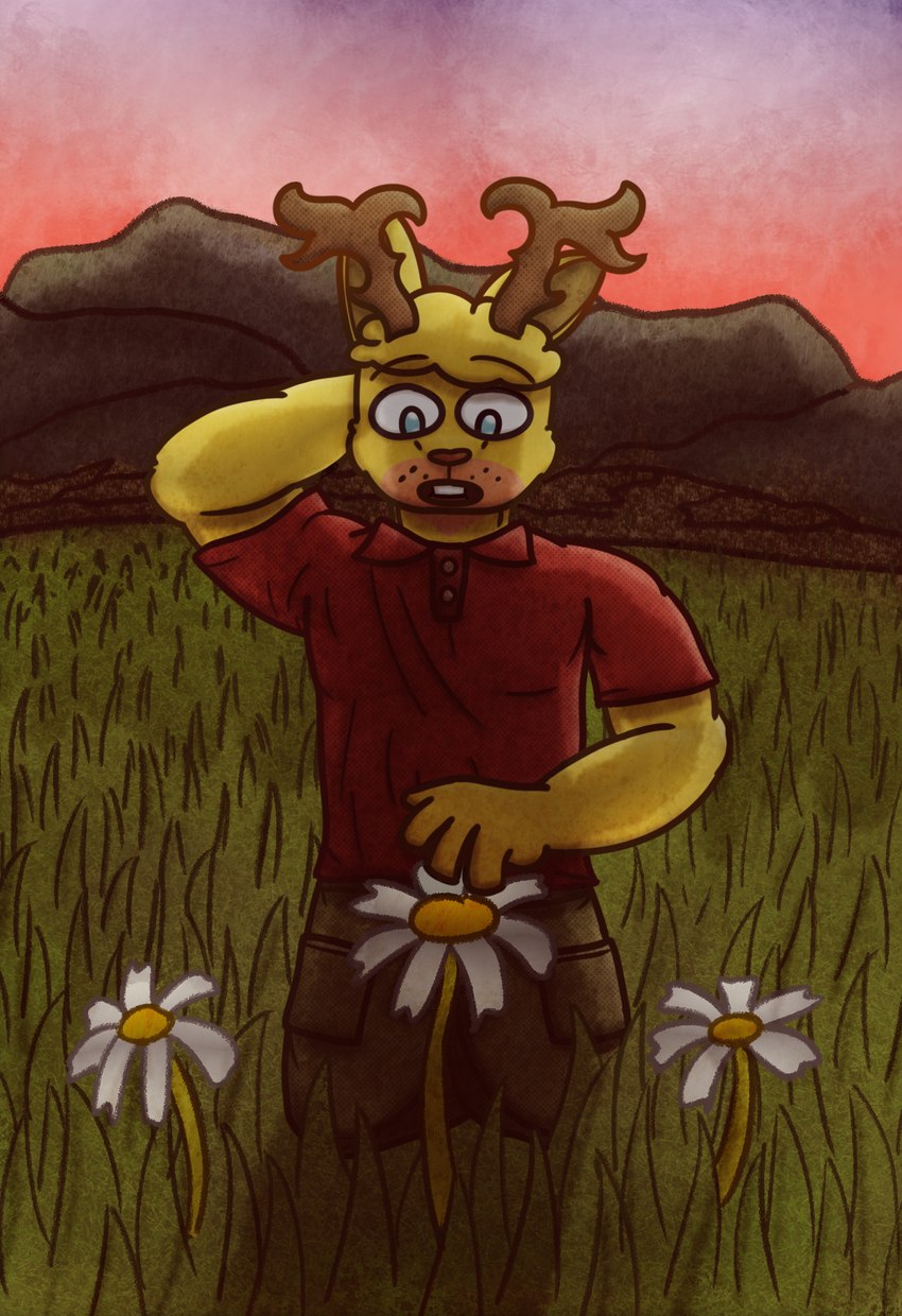 anthro antlers backlighting blonde_hair blue_eyes bottomwear brown_antlers cargo_pants clothed clothing cloud daisy_(flower) field flower freckles fur grass green_bottomwear green_clothing green_pants hair hand_behind_head head_tuft horn kneeling light looking_down male mountain mountainside muscular muscular_anthro muscular_male open_mouth orange_sky outside pants plant pockets polo_shirt poofy_hair purple_sky reaching red_clothing red_shirt red_topwear shirt sky solo sunset tan_muzzle teeth topwear tuft white_flower yellow_body yellow_fur theroyaloscar cervine deer jackalope lagomorph mammal hi_res lighting