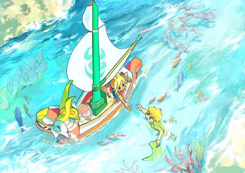 clothing eye_contact female group humanoid_pointy_ears looking_at_another male pointy_ears water togenasi_furiko nintendo the_legend_of_zelda wind_waker king_of_red_lions pirate_leader_tetra toon_link humanoid hylian hi_res