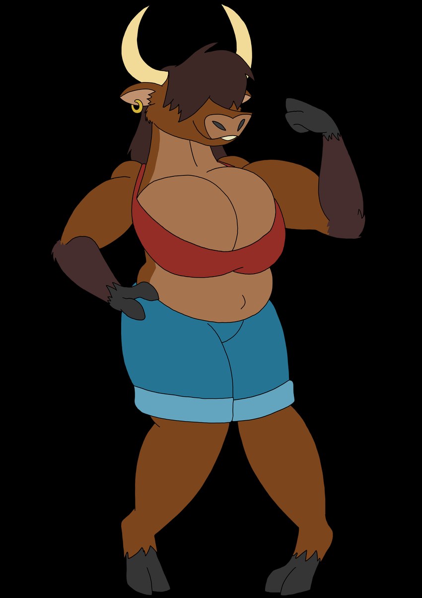 anthro big_breasts bottomwear breasts brown_body brown_fur clothing ear_piercing ear_ring female fur gold_(metal) gold_jewelry hair hair_over_eyes hooves horn huge_breasts jewelry muscular_arm piercing ring_piercing shorts slightly_chubby smile solo nsffinn charlie_(nsfinn) bovid bovine mammal yak absurd_res alpha_channel hi_res trans_(lore) trans_woman_(lore)