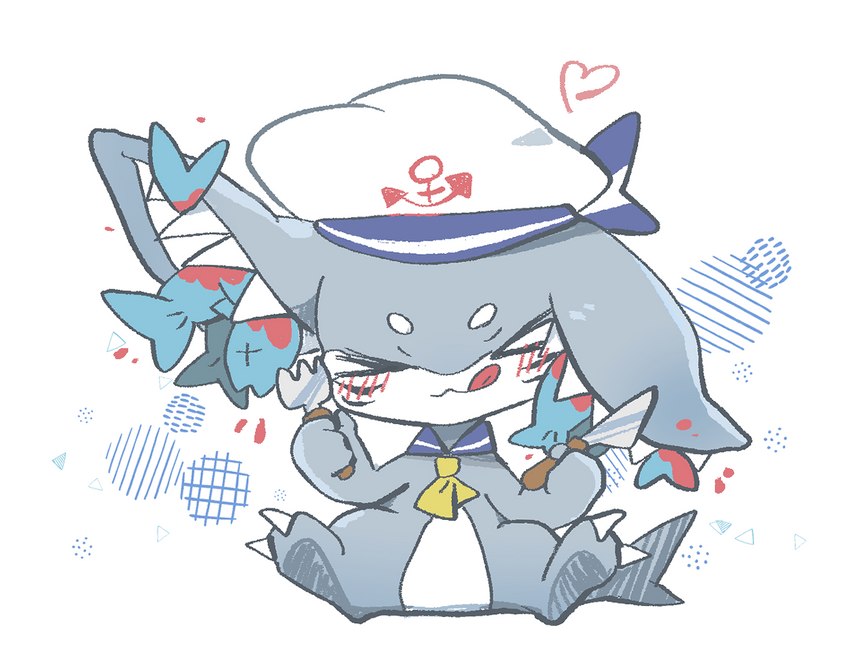 >_< anchor_symbol anthro biped blood blush bodily_fluids cartoon_violence chibi cutlery eyebrows eyes_closed feral fork group heart_symbol kitchen_utensils knife licking licking_lips male sailor_hat simple_background sitting solo_focus tongue tongue_out tools white_background x_eyes young young_anthro kuo0 fish marine shark