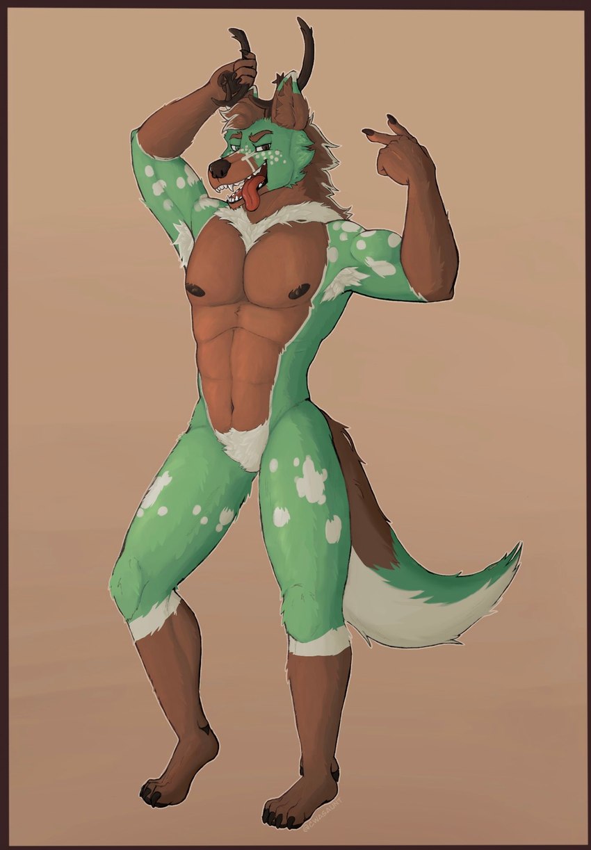 anthro antler_grab antlers armpit_hair biped body_hair brown_body brown_fur fur gesture green_body green_fur hair hand_gesture heterochromia horn looking_at_viewer male nipples nude open_mouth pose simple_background smile solo tail teeth tongue v_sign white_body white_fur cwasaunt esofaoul_(character) canid canine canis deer hybrid mammal werecanid werecanine werecreature wolf 2023 digital_media_(artwork) hi_res