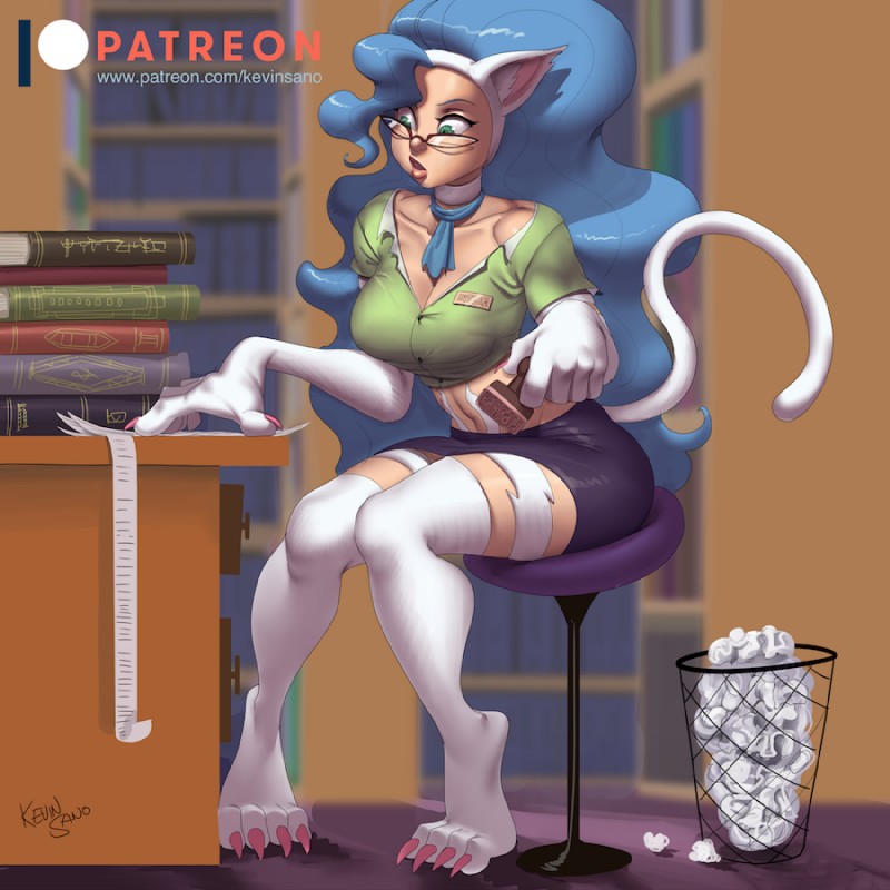 4_toes ahoge barefoot blue_hair blurred_background book bottomwear breasts claws cleavage clothed clothing detailed_background eyewear feet female glasses hair inside library long_hair paper patreon_logo plantigrade shirt shorts sitting solo stamp text toes topwear trash_can website_logo kevinsano capcom darkstalkers patreon felicia_(darkstalkers) animal_humanoid cat_humanoid felid felid_humanoid feline feline_humanoid humanoid mammal mammal_humanoid 1:1 2019 digital_media_(artwork) signature url