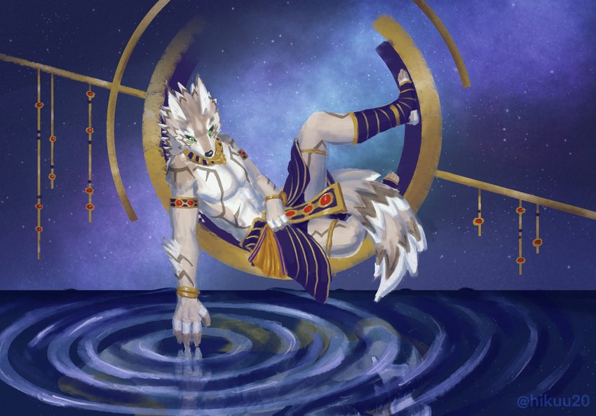 anthro bottomwear claws clothing feet foot_wraps gold_(metal) gold_jewelry golden_necklace jewelry legs_up loincloth male markings pecs sitting soft_abs solo space third_eye_(marking) toe_claws water wraps hikuu20 lifewonders tokyo_afterschool_summoners seth_(tas) canid canine canis jackal mammal hi_res