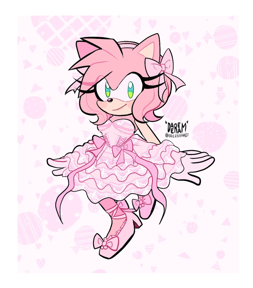 5_fingers anthro biped black_nose border clothed clothing dress eyelashes female fingers fur gloves green_eyes handwear looking_at_viewer pink_body pink_clothing pink_dress pink_fur pink_gloves pink_handwear smile solo thin_calves white_border daereamart sega sonic_the_hedgehog_(series) amy_rose eulipotyphlan hedgehog mammal 2023 full-length_portrait hi_res portrait signature