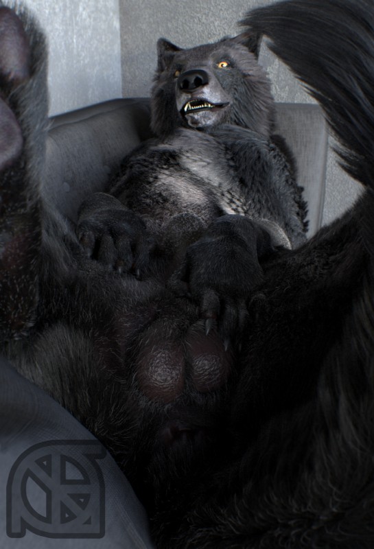 animal_genitalia anus backsack balls black_anus black_balls black_body black_claws black_fur black_nose black_pawpads black_sheath butt claws close-up digitigrade fangs feet feral fully_sheathed fur furniture genitals hand_on_balls hand_on_sheath handpaw inside legs_up looking_at_viewer looking_through looking_through_legs lying male on_back on_sofa open_mouth open_smile pawpads paws pose presenting presenting_anus presenting_balls presenting_genitalia presenting_sheath realistic semi-anthro sheath smile sofa solo spread_legs spreading teeth yellow_eyes cosmiclife romeo_(cosmiclife) canid canine canis mammal wolf 3d_(artwork) digital_media_(artwork) hi_res pinup