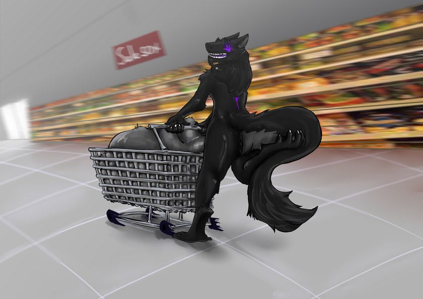 animal_genitalia anthro balls big_balls big_sheath black_body black_sclera cart exhibitionism genitals happy huge_balls huge_genitalia huge_sheath hyper hyper_balls hyper_genitalia hyper_sheath looking_back male motion_blur nude nude_male open_mouth public public_nudity purple_eyes raised_leg running sheath shopping solo store tail tafy_tail raizen_t'laaren sergal absurd_res hi_res