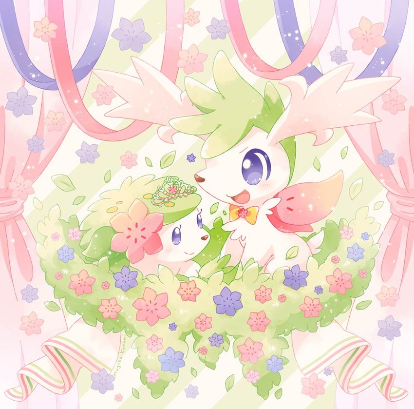 accessory ambiguous_gender blue_eyes blush bow_(feature) bow_accessory bow_in_front crown daww decorated_bow duo feral floral flower flower_(anatomy) flower_accessory flower_bow head_flower headgear neck_bow pattern_background pink_flower plant purple_flower ribbons simple_background striped_background tiara mugita_konomi nintendo pokemon generation_4_pokemon land_forme_shaymin legendary_pokemon pokemon_(species) shaymin sky_forme_shaymin pastel_theme