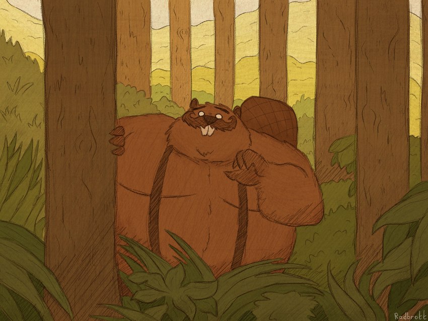 anthro belly big_belly biped brown_body detailed_background facial_hair male moobs mustache outside overweight overweight_male plant solo tree radbrott don't_starve klei_entertainment beaver mammal rodent werebeaver werecreature wererodent 2024 4:3 hi_res