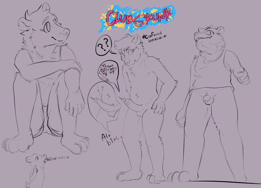 anthro bottomless bottomwear clothed clothing confusion devi_(clubskunk) erection foreskin genitals male penis perspective shirt shorts shorts_only sitting speech_bubble tank_top topless topwear young young_anthro young_male clubskunk bear mammal polar_bear ursine hi_res sketch_page