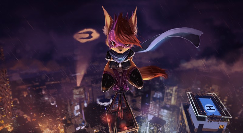 anthro armwear breasts brown_hair building city cityscape clothed clothing elbow_gloves female gloves hair handwear helipad legwear looking_at_viewer mask night nipple_outline nipples outside raining scarf searchlight skyscraper solo superhero thigh_highs fruitbloodmilkshake canid canine mammal absurd_res hi_res