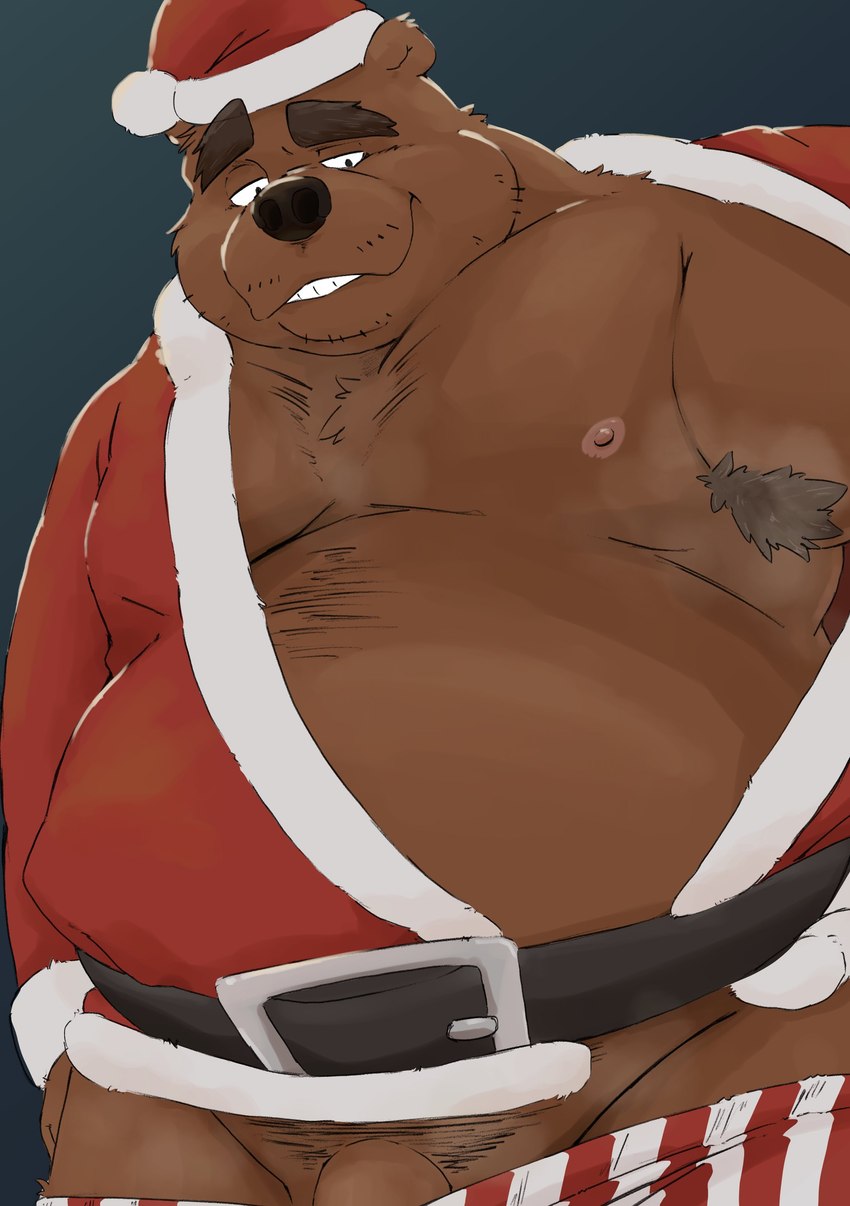 anthro armpit_hair belly big_belly black_nose body_hair brown_body christmas_clothing christmas_headwear clothing genitals hat headgear headwear holidays kemono male moobs musk musky_armpit nipples overweight overweight_male penis santa_hat simple_background smile solo underwear 0ottotto0 christmas santa_claus bear mammal 2024 absurd_res hi_res