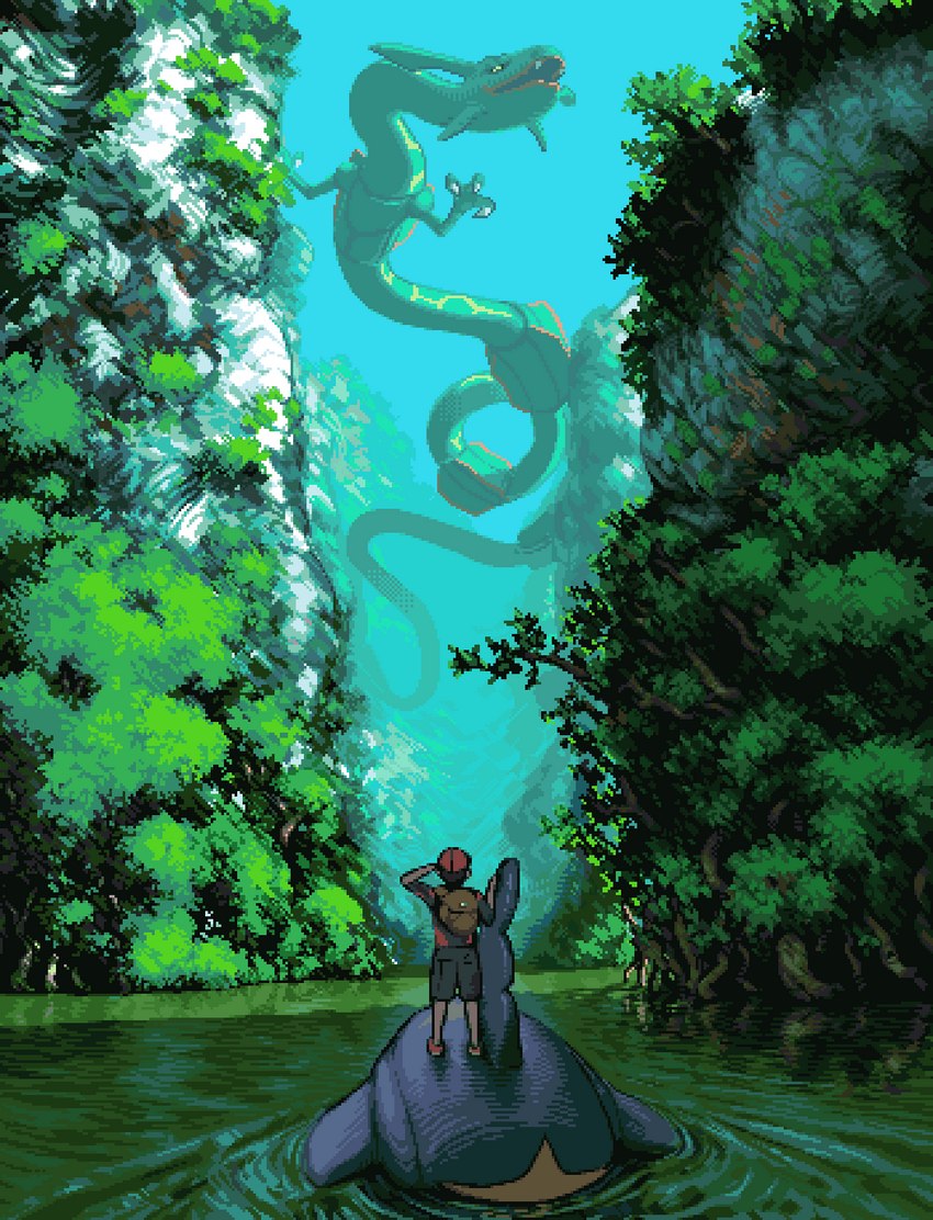 ambiguous_gender backpack blue_body bottomwear claws clothed clothing dorsal_fin feral fin green_body group open_mouth plant shorts trio water hbystuff nintendo pokemon generation_3_pokemon human legendary_pokemon mammal pokemon_(species) rayquaza sharpedo digital_media_(artwork) hi_res pixel_(artwork)