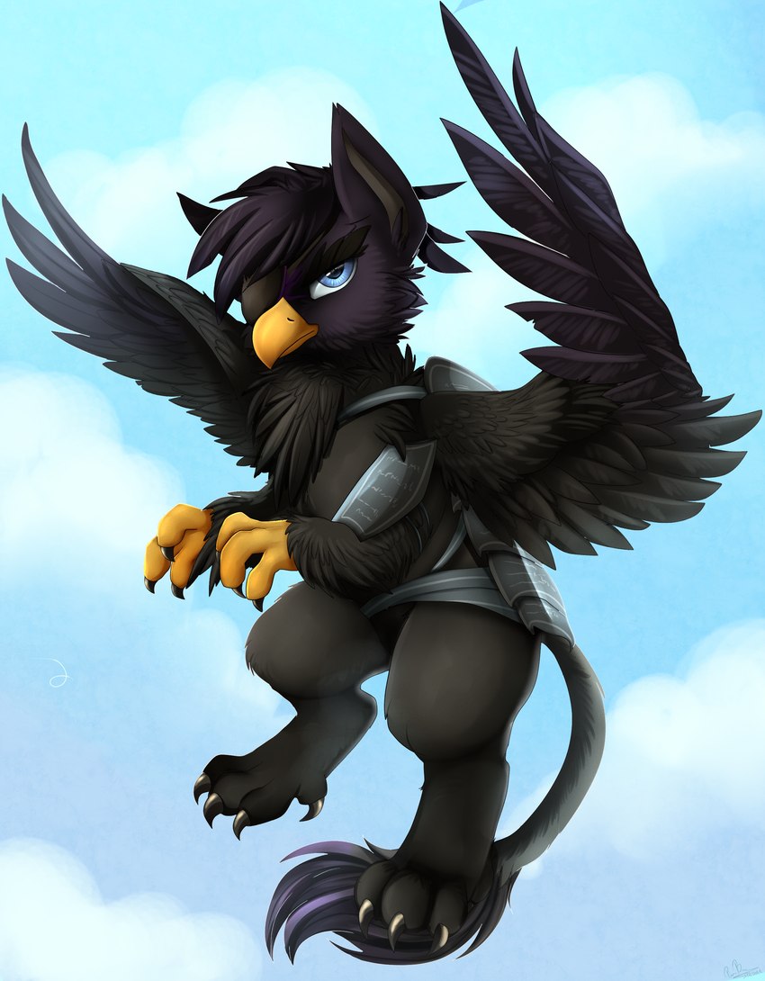 1_eye armor beak black_body black_claws black_feather_hair black_feathers black_fur black_pseudo_hair blue_eyes blue_sky claws cloud digitigrade eye_patch eyewear feather_hair feathered_wings feathers feral finger_claws flying fur long_ears looking_at_viewer male paws pseudo_hair sky skyscape solo spread_wings tail tail_tuft toe_claws tuft wings yellow_beak pridark hasbro my_little_pony mythology ethelinda fan_character avian gryphon mythological_avian mythological_creature 2018 absurd_res digital_media_(artwork) digital_painting_(artwork) full-length_portrait hi_res portrait shaded signature