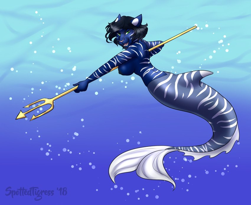 anthro black_hair blue_body bubble dorsal_fin fangs female fin frill_(anatomy) fur green_eyes hair holding_melee_weapon holding_object holding_polearm holding_trident holding_weapon looking_at_viewer melee_weapon nude open_mouth open_smile polearm smile solo split_form striped_arms striped_back striped_body striped_fur stripes tail tail_frill teeth trident underwater water weapon tiggybloom felid hybrid mammal marine merfolk 2018 dated signature herm_(lore)