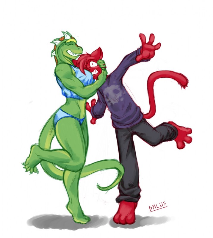 anthro breast_smother breasts clothed clothing crossgender duo eyes_closed female forced fur green_body horn hug male red_body red_fur simple_background skimpy smothering standing tail white_background dalus dalus_(character) shaw_(catminion) domestic_cat felid feline felis lizard mammal reptile scalie