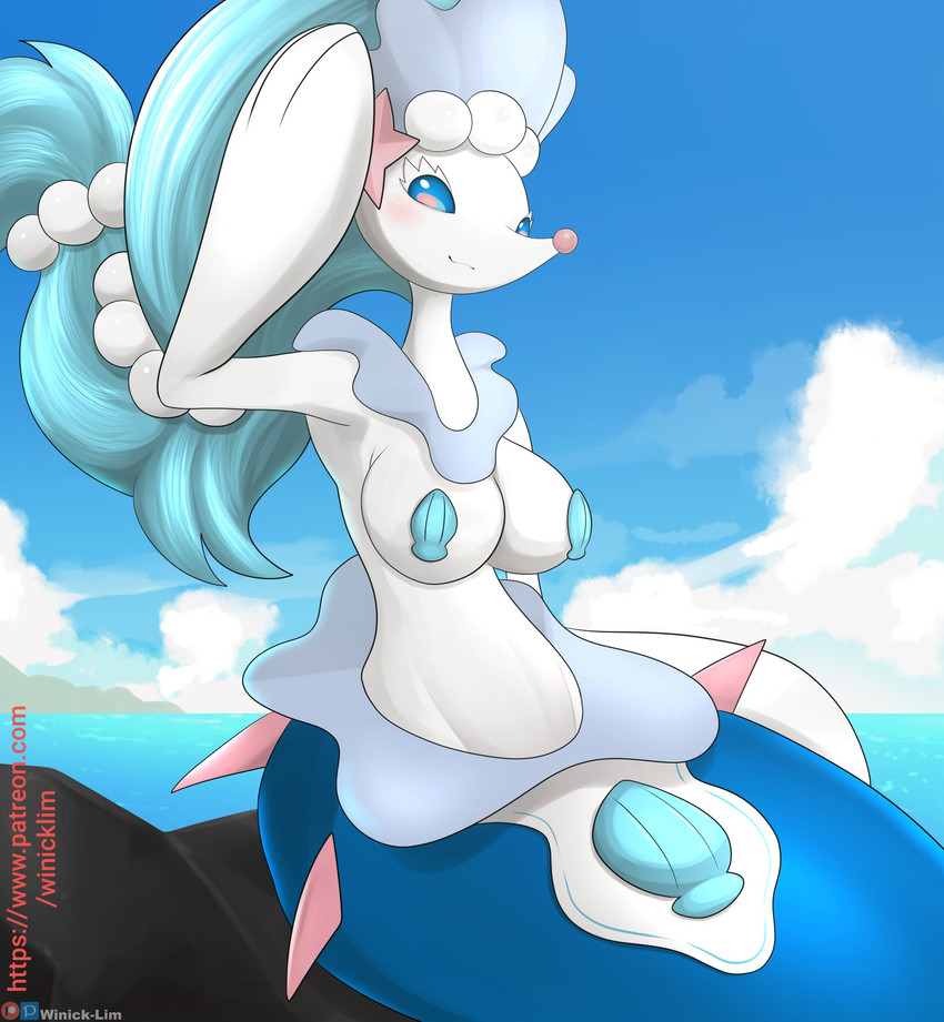 anthro big_breasts blush bra breasts clothing female looking_at_viewer patreon_logo pokemorph seashell_bra shell solo text underwear winick-lim nintendo patreon pixiv pokemon generation_7_pokemon pokemon_(species) primarina 2020 hi_res url