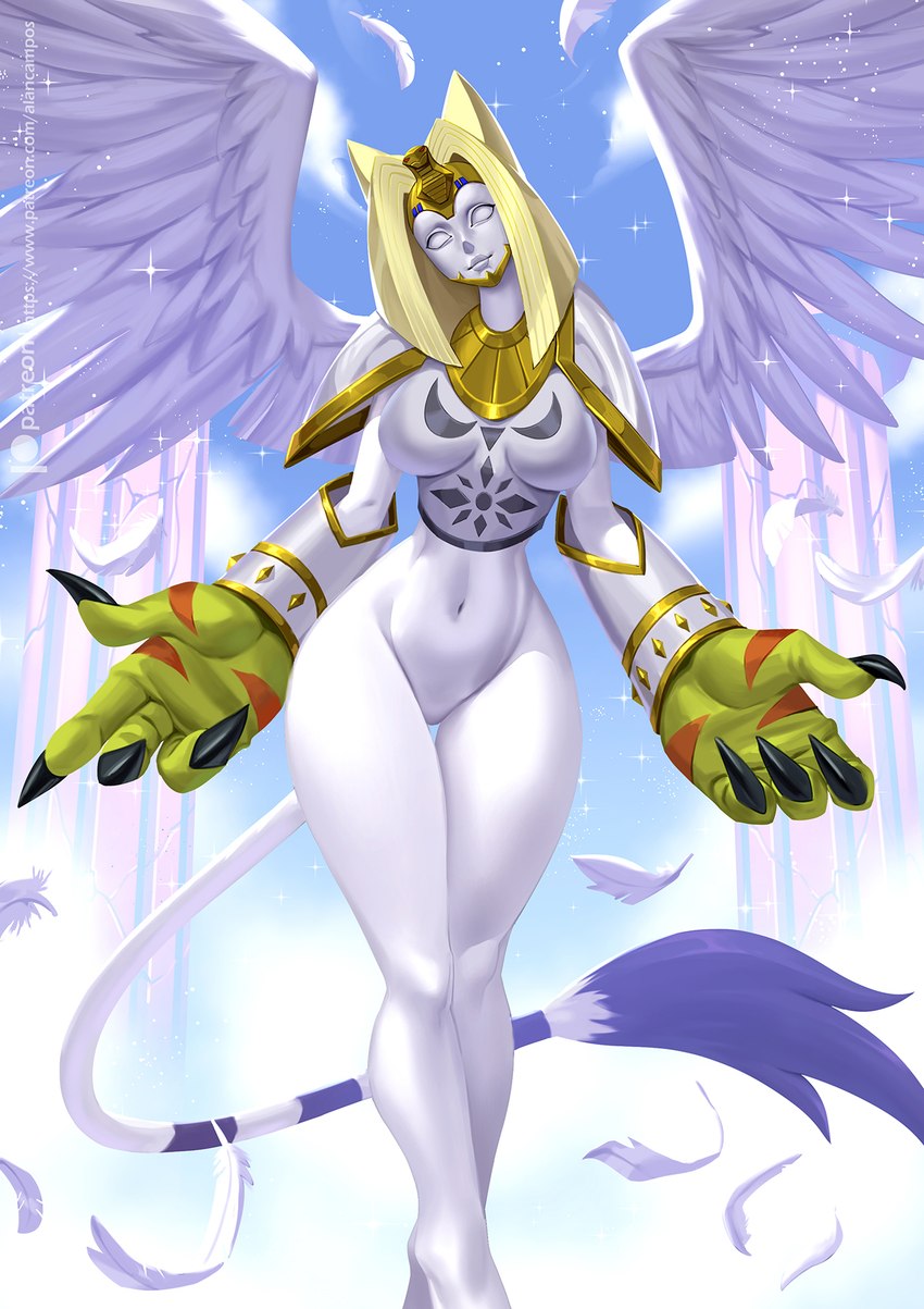 anthro blonde_hair breasts claws clothing feathered_wings feathers featureless_crotch female fur gloves hair handwear mask navel solo tail tail_tuft tuft white_body white_fur white_wings wings alanscampos bandai_namco digimon digimon_(species) humanoid nefertimon hi_res