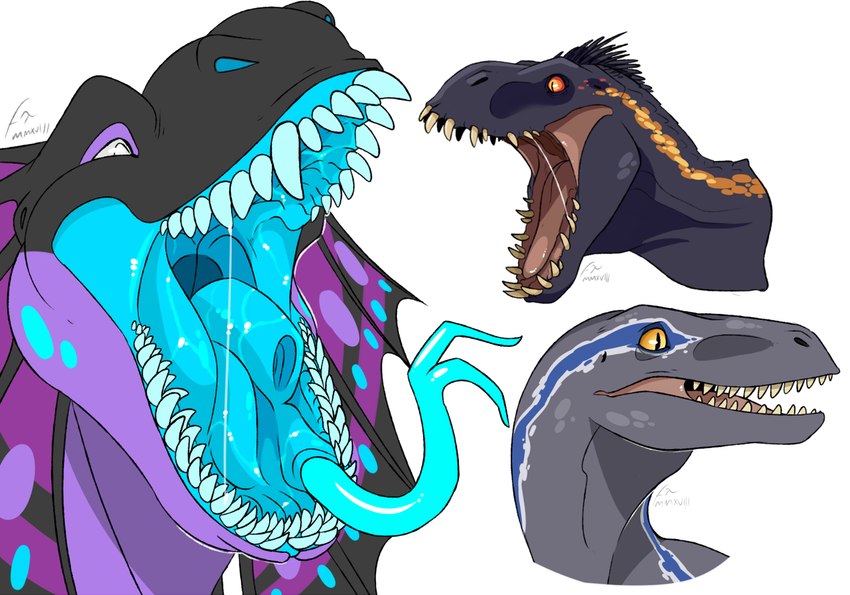 ambiguous_gender black_body black_frill black_scales blue_teeth blue_tongue bodily_fluids countershading ear_frill forked_tongue frill_(anatomy) glistening glistening_eyes glistening_tongue mouth_shot open_mouth orange_body orange_eyes orange_scales pupils purple_background purple_frill red_sclera red_tongue saliva saliva_string scales side_view simple_background slit_pupils solo tan_teeth teeth tongue tongue_out white_background imperatorcaesar jurassic_park jurassic_world universal_studios blue_(jurassic_world) maw_(imperatorcaesar) ripper_(jurassic_world) dinosaur indoraptor prehistoric_species reptile scalie theropod headshot_portrait multiple_images portrait signature