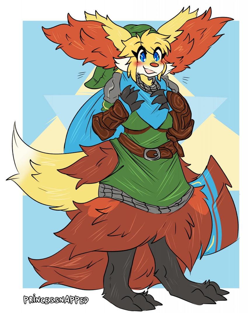 after_transformation anthro blush breasts clothing crossgender female fluffy fluffy_ears fluffy_tail fur hand_on_breast happy hat headgear headwear scarf smile solo tail torn_clothing princessnapped hyrule_warriors nintendo pokemon the_legend_of_zelda link delphox generation_6_pokemon pokemon_(species) colored hi_res