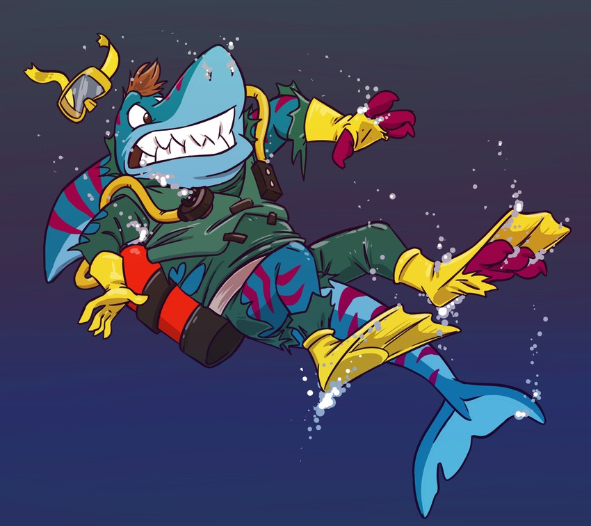 air_tank anthro bubble clothing eyewear goggles male scuba scuba_diver solo torn_clothing transformation nickwolf street_sharks streex fish marine requiem_shark shark tiger_shark diver_(disambiguation) absurd_res hi_res