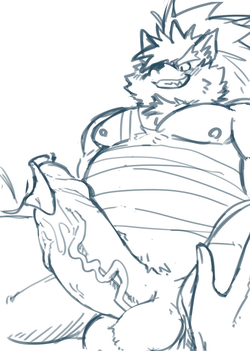 anthro balls belly blush duo erection genitals grin hair long_hair male male/male musclegut muscular nipples oral pecs penis ponytail smile vein veiny_penis crazy_sll lifewonders tokyo_afterschool_summoners shino_(tas) canid canine canis domestic_dog mammal hi_res sketch