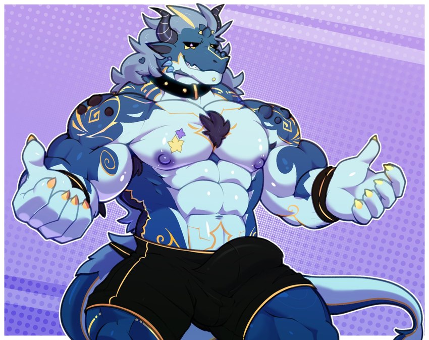 2_horns abs anthro armpit_hair barazoku biceps big_bulge big_muscles biped black_sclera blue_body blue_scales body_hair boxers_(clothing) boxers_only bulge chest_hair claws clothed clothing collar curved_horn detailed_bulge erection erection_under_clothing genital_outline horn imminent_hug looking_at_viewer male male_anthro muscular muscular_anthro muscular_male offering_hug pecs penis_outline scales solo spread_arms standing topless underwear underwear_only wristband yellow_claws yellow_eyes zaflep mythology dragon mythological_creature mythological_scalie scalie 2023 hi_res