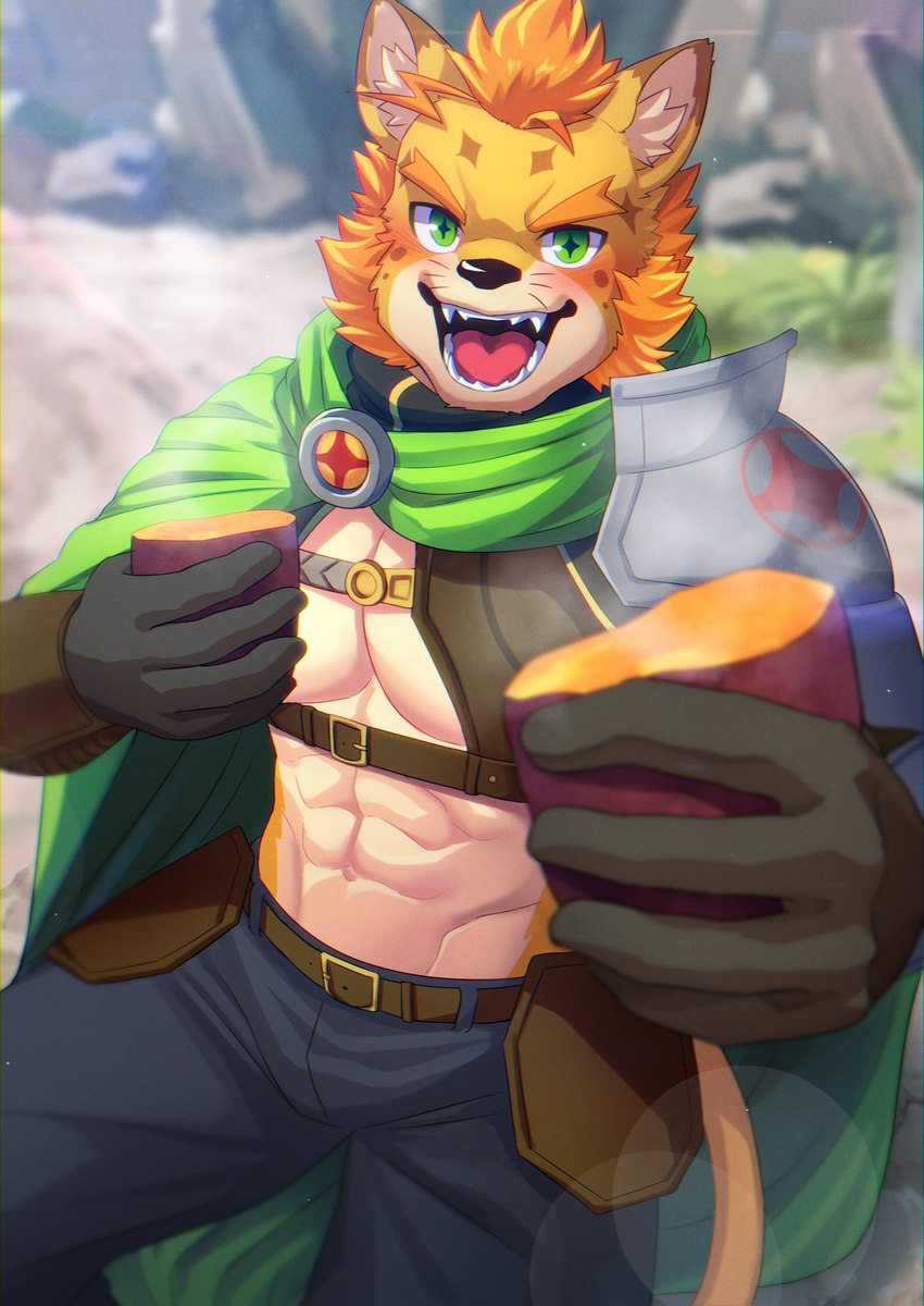 abs anthro armor blush bottomwear cape clothing food kemono male muscular muscular_anthro muscular_male offering_food pants pecs plant solo sweet_potato unconvincing_armor vegetable manadezimon lifewonders live_a_hero rutilix_(live_a_hero) felid lion mammal pantherine absurd_res hi_res