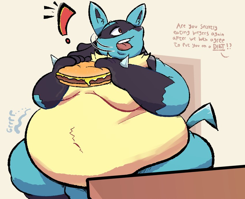 anthro belly belly_tuft big_belly biped black_markings blue_body blue_fur burger dialogue double_chin eating exclamation_point food fur furniture holding_burger holding_food holding_object huge_belly huge_thighs inner_ear_fluff love_handles male markings moobs multicolored_body multicolored_fur navel obese obese_anthro obese_male offscreen_character open_mouth overweight overweight_anthro overweight_male rumbling_stomach simple_background sitting solo speech_bubble spikes spikes_(anatomy) surprise table tail tan_background tan_body tan_fur teeth text thick_thighs tongue tuft weight_conscious weight_gain wide_hips floofymeister nintendo pokemon generation_4_pokemon lucario pokemon_(species) 2023 english_text hi_res