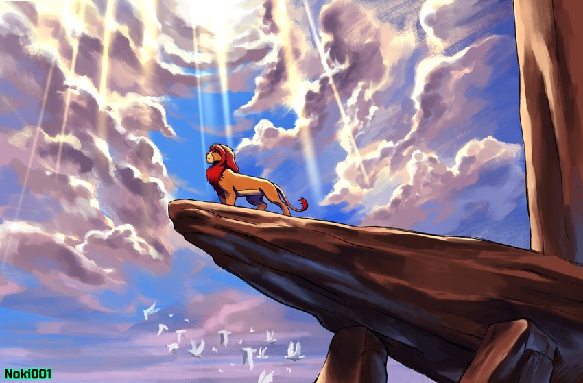 cloud detailed_background feral fur light light_beam lighter_belly male mane mouth_closed orange_body orange_fur pride_rock red_mane rock solo standing sunbeam sunlight sunny noki001 disney the_lion_king mufasa felid feline lion mammal pantherine hi_res