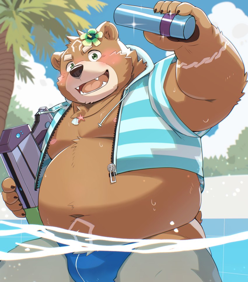 anthro beach belly big_belly black_nose blush brown_body brown_fur bulge clothing detailed_background fur hoodie humanoid_hands kemono male moobs navel nipples outside overweight overweight_male palm_tree plant solo swimwear topwear tree water tulrang crave_saga gabu_(crave_saga) bear mammal 2024 absurd_res hi_res