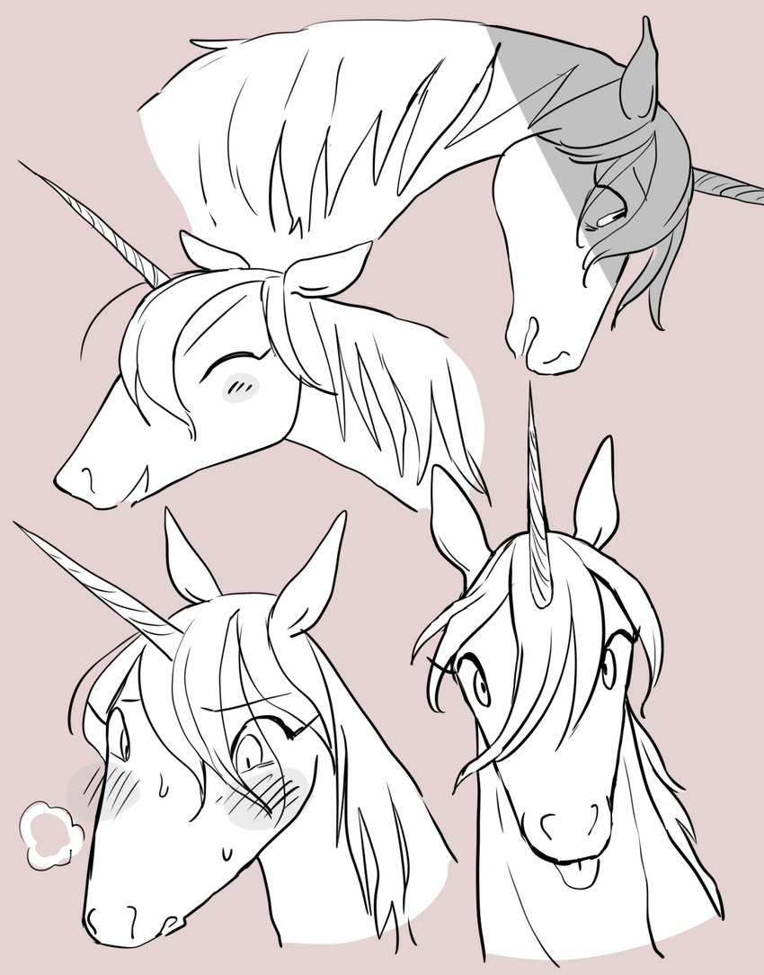 ambiguous_gender blep blush blush_lines breath eyebrows eyes_closed feral front_view horn kemono mane side_view smile snout solo three-quarter_view tongue tongue_out unicorn_horn ikutasemi mythology unicorns_aren't_horny uni_(unicorns_aren't_horny) equid equine mammal mythological_creature mythological_equine unicorn hi_res sketch_page