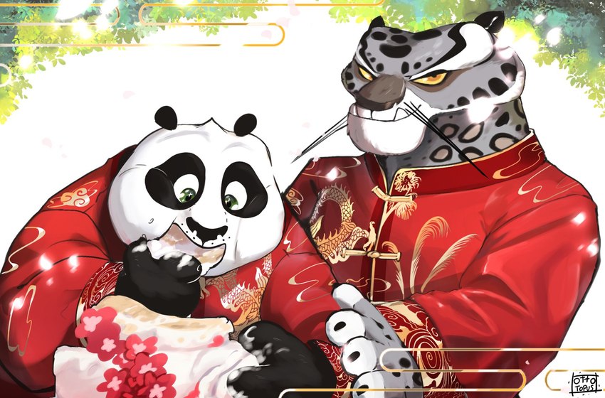 asian_clothing cake chinese_clothing clothing dessert duo east_asian_clothing eating food fur humor male male/male multicolored_body multicolored_fur overweight wedding wedding_cake ottotopus dreamworks kung_fu_panda master_po_ping tai_lung_(kung_fu_panda) bear felid giant_panda mammal pantherine snow_leopard hi_res