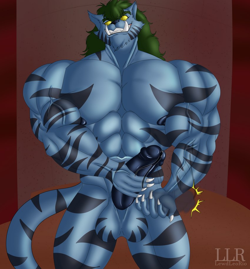 abs anthro balls biceps big_muscles blue_body blue_fur bodily_fluids cockslap erection fangs fur genital_fluids genitals green_hair hair humanoid_genitalia humanoid_penis looking_at_viewer male muscular muscular_anthro muscular_male nails nipples nude pecs penis penis_grab precum sabertooth_(anatomy) sharp_nails showing_teeth simple_background slap smile solo stripes teeth tusks klr-rio yu_yu_hakusho byakko_(yu_yu_hakusho) demon felid mammal pantherine tiger absurd_res digital_media_(artwork) hi_res