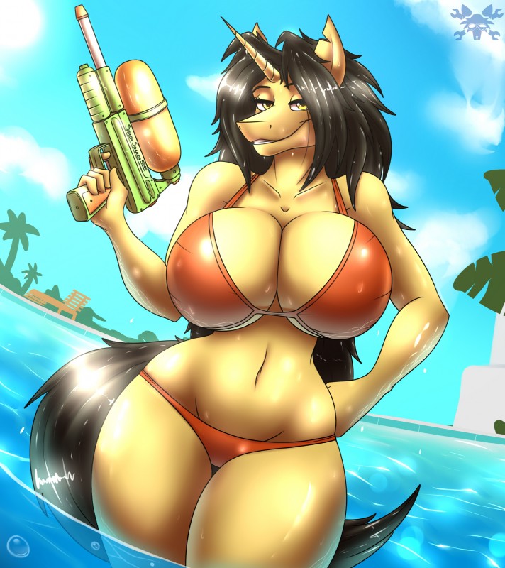 amber_eyes anthro big_breasts bikini black_hair breasts cleavage clothed clothing curvy_figure female hair horn huge_breasts looking_at_viewer nipple_outline solo swimming_pool swimwear thick_thighs toy toy_gun two-piece_swimsuit voluptuous water water_gun water_pistol wet wide_hips tacticalfur hasbro my_little_pony mythology amber_steel equid equine mammal mythological_creature mythological_equine unicorn 2018 absurd_res hi_res