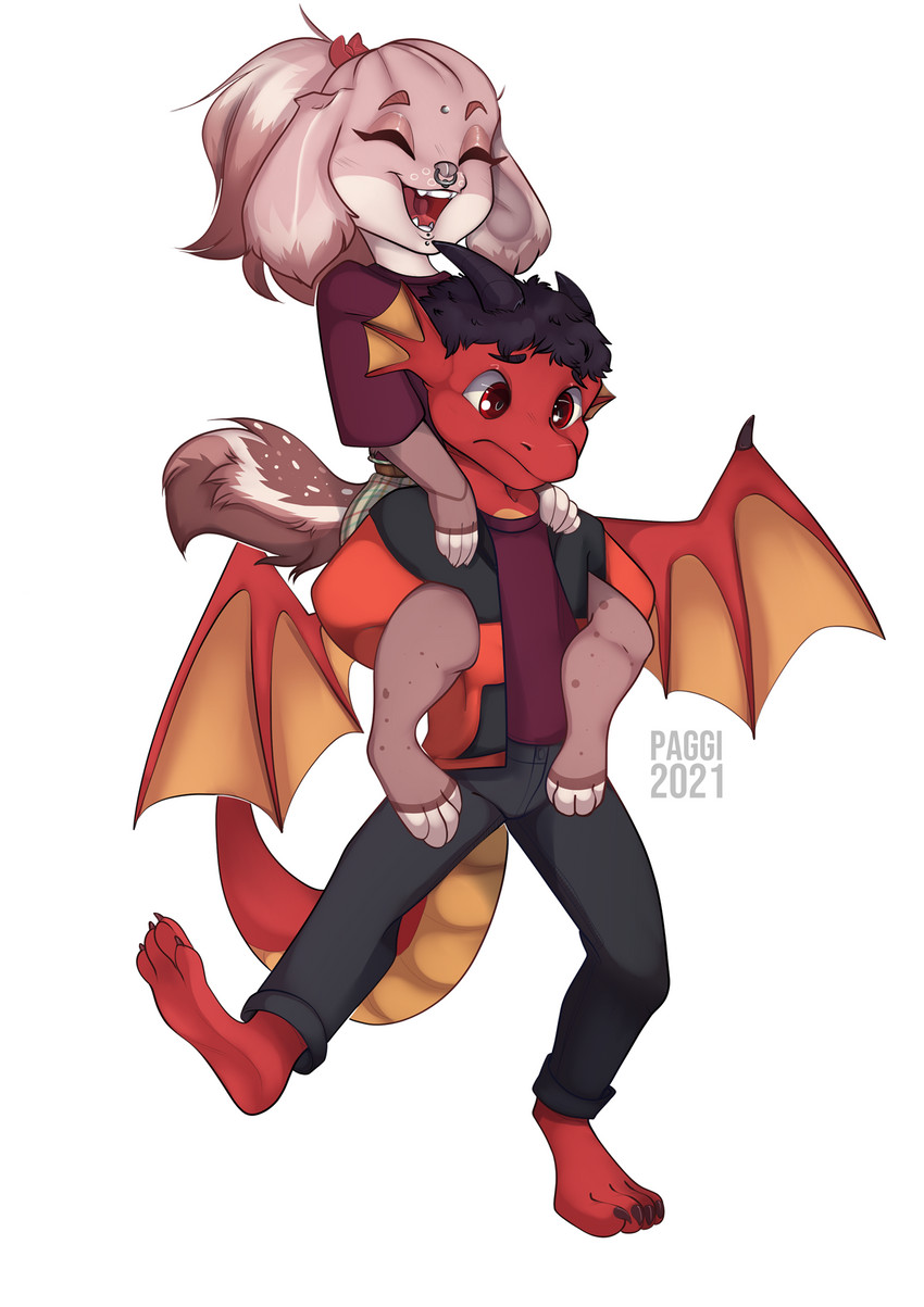 anthro carrying_another duo female male tail paggi mythology pyrus spritz canid canine canis domestic_dog dragon herding_dog mammal mythological_creature mythological_scalie pastoral_dog scalie welsh_corgi hi_res