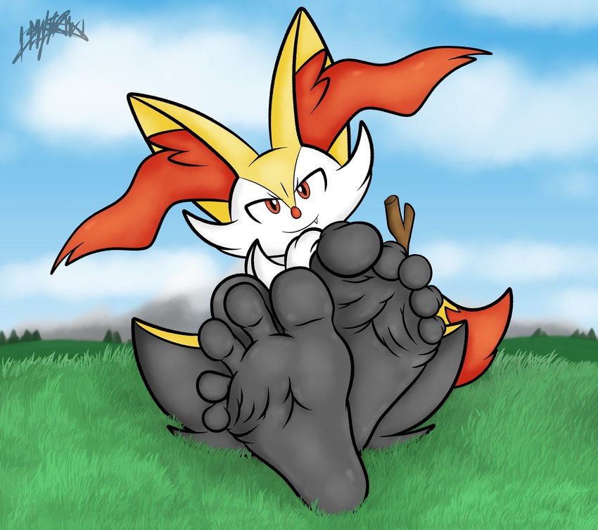 5_toes ambiguous_gender anthro ear_hair fangs feet foot_focus fur grass hand_on_chin humanoid_feet outside plant plantigrade smile soles solo stick tail teeth toes benjipaws marshall-fox marshall_fox nintendo pokemon braixen generation_6_pokemon pokemon_(species) absurd_res hi_res