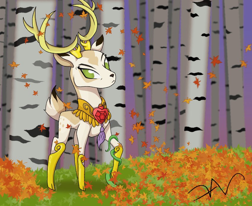 antlers autumn black_nose feral forest forest_background frown fur green_eyes horn leaf leaves_on_ground looking_at_viewer male nature nature_background plant quadruped ring royalty scut_tail short_tail solo tail tree vines white_body white_fur yellow_antlers swasfews hasbro idw_publishing my_little_pony my_little_pony_(idw) king_aspen_(mlp) deer mammal 2022 digital_drawing_(artwork) digital_media_(artwork) full-length_portrait hi_res portrait signature