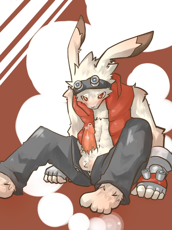 anthro balls blush bodily_fluids bottomwear clothing erection genital_fluids genitals looking_at_viewer male pants penis precum red_eyes solo kosian summer_wars king_kazma lagomorph leporid mammal rabbit 3:4 hi_res