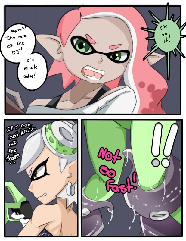 angry breasts clothed clothing dialogue duo ear_piercing exclamation_point female frown green_eyes gun hair hero_charger imminent_sex light_body light_skin long_hair piercing pink_hair pseudo_hair ranged_weapon short_hair splat_charger tentacle_hair tentacles text weapon white_hair yellow_eyes inuyuru nintendo splatoon agent_4_(splatoon) marie_(splatoon) animal_humanoid cephalopod cephalopod_humanoid humanoid inkling marine marine_humanoid mollusk mollusk_humanoid 2019 absurd_res comic digital_media_(artwork) english_text hi_res