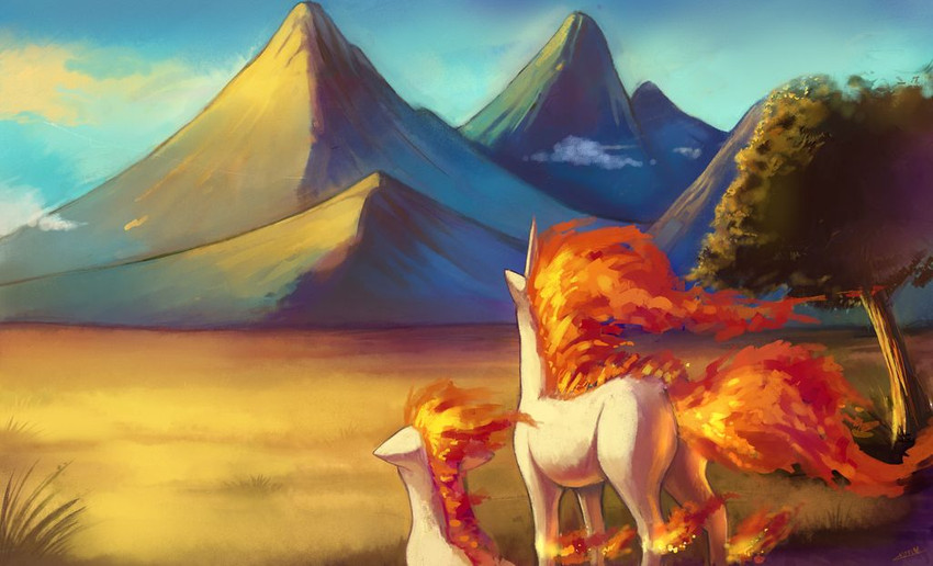 ambiguous_gender cloud duo evening feral freedom horn mountain pasture plains plant sunset tree koriarredondo mythology nintendo pokemon equid equine generation_1_pokemon horse mammal mythological_creature mythological_equine pokemon_(species) ponyta rapidash unicorn