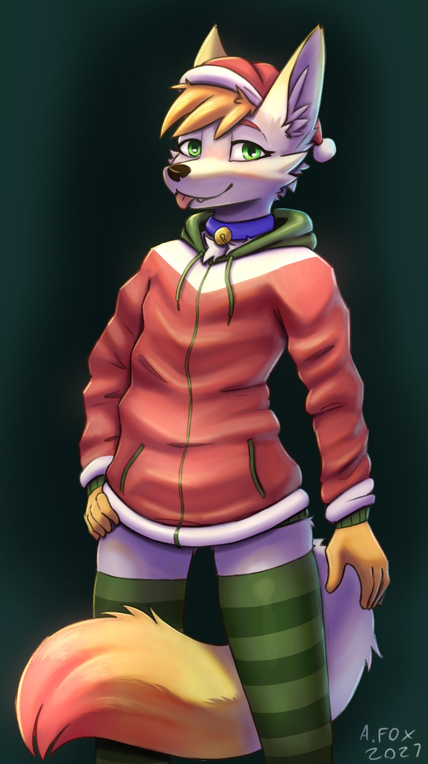 anthro blep blush christmas_clothing christmas_headwear clothing collar hat headgear headwear holidays hoodie leg_warmers legwear male santa_hat solo tongue tongue_out topwear mr.albafox christmas albafox canid canine fox hybrid mammal 2021 hi_res