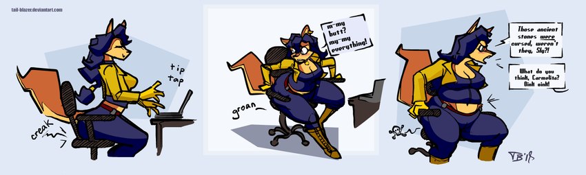 anthro blue_hair breasts butt chair clothing female furniture gloves hair handwear simple_background sitting solo text weight_gain tail-blazer sly_cooper_(series) sony_corporation sony_interactive_entertainment sucker_punch_productions carmelita_fox canid canine fox mammal 2018