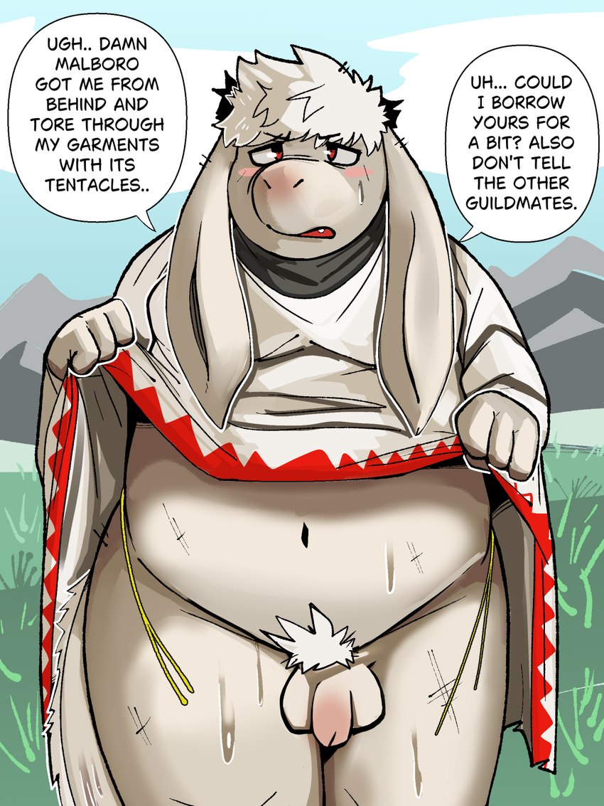 anthro balls belly blush bodily_fluids bottomless clothed clothing embarrassed flaccid fur genitals grey_body grey_fur hair long_ears male navel penis pubes red_eyes robe robe_lift solo sweat text white_hair coolietf final_fantasy square_enix nu_mou white_mage_(final_fantasy) 3:4 english_text hi_res