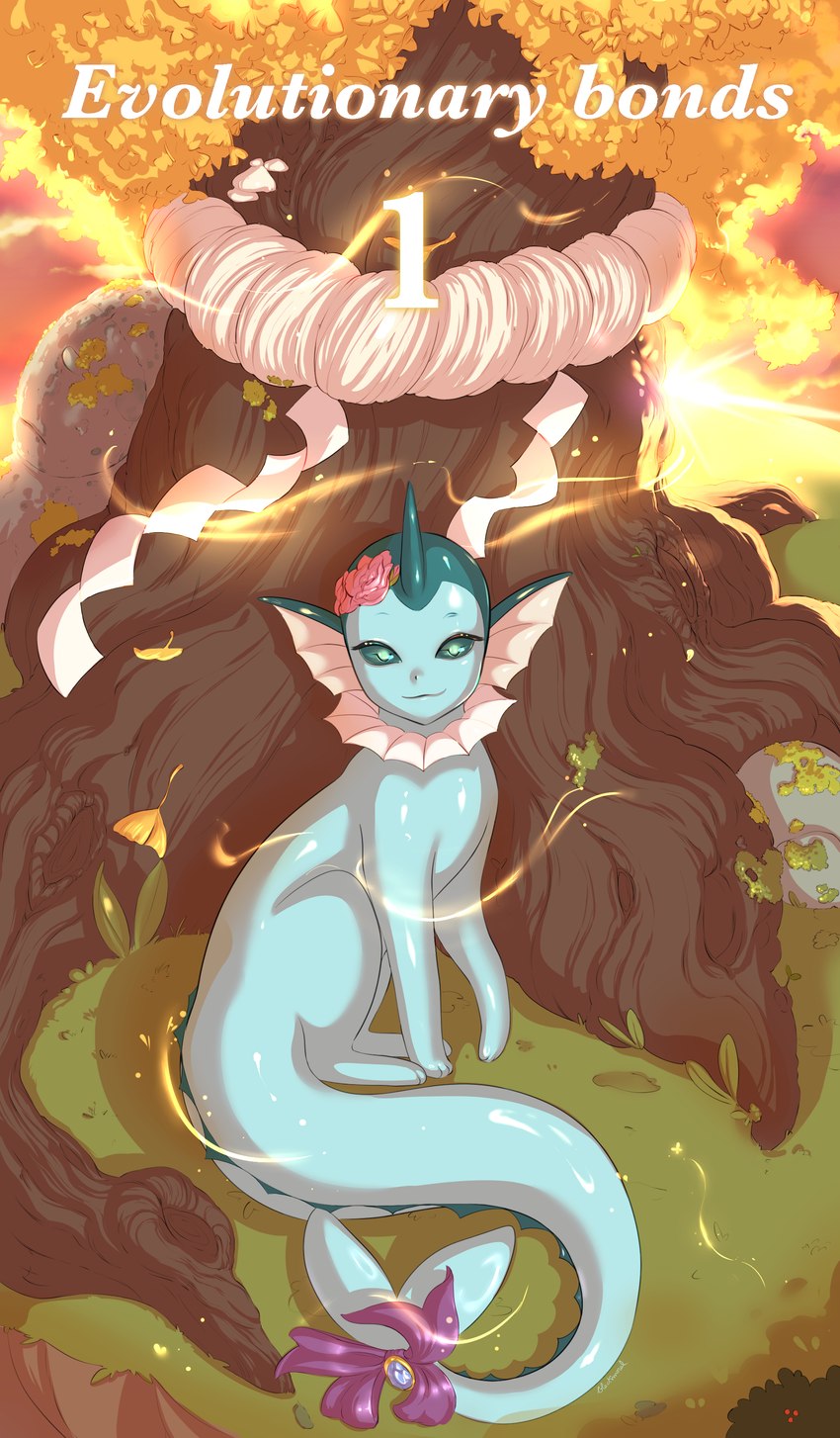 female feral looking_at_viewer mythical plant smile solo sunrise tree blackmoralblack nintendo pokemon mira_(blackmoralblack) eeveelution generation_1_pokemon pokemon_(species) vaporeon absurd_res cover cover_art cover_page hi_res