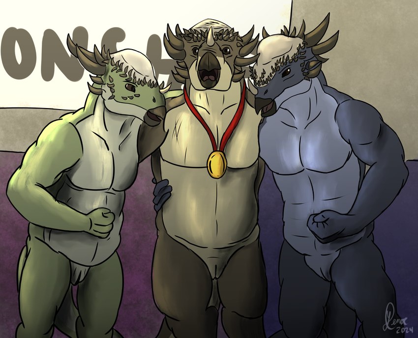 animal_genitalia anthro bros_being_bros contest genital_slit genitals group headbutt horn male medal nude prompt spikes spikes_(anatomy) trio yenocwolf secrets_of_uncrom uncrom dinosaur ornithischian pachycephalosaurid pachycephalosaurus prehistoric_species reptile scalie stiti absurd_res hi_res