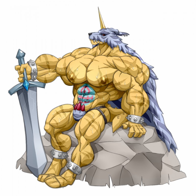 abs anthro biceps big_muscles bodily_fluids bulge clothing huge_muscles hyper hyper_muscles male melee_weapon muscular muscular_anthro muscular_male nipples pecs red_eyes simple_background solo sweat sword thong underwear weapon white_background wolfiecanem bandai_namco digimon exxan_(wolfie_canem) exxan_(wolfiecanem) digimon_(species) gabumon reptile scalie 1:1 hi_res