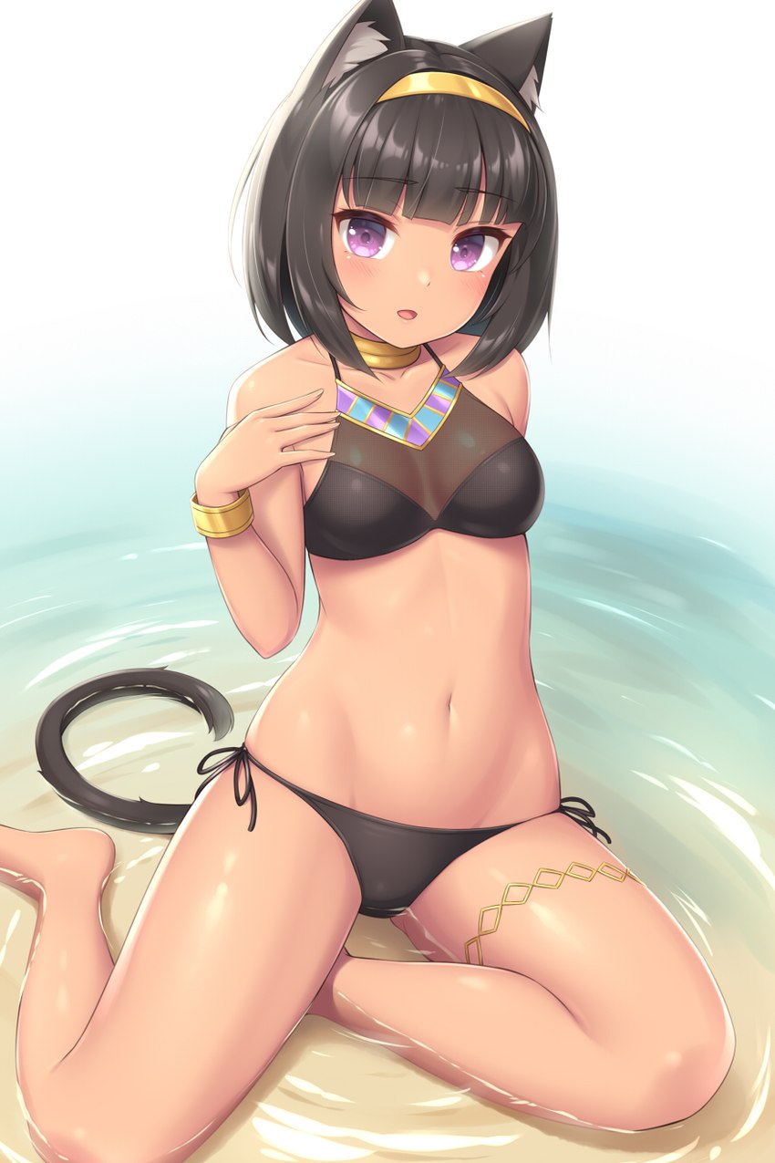 5_fingers accessory bangs beach bikini black_bikini black_clothing black_hair black_swimwear black_tail blunt_bangs bracelet breasts clothed clothing eyebrow_through_hair eyebrows female fingers hair hair_accessory hairband jewelry legband looking_at_viewer medium_breasts navel neck_ring open_mouth partially_submerged pose purple_eyes seaside short_hair sitting solo swimwear tail thighband translucent translucent_clothing translucent_hair two-piece_swimsuit water wet_tail yokozuwari sand-rain egyptian_mythology middle_eastern_mythology mythology bast animal_humanoid cat_humanoid deity felid felid_humanoid feline feline_humanoid humanoid mammal mammal_humanoid 2021 2:3 hi_res